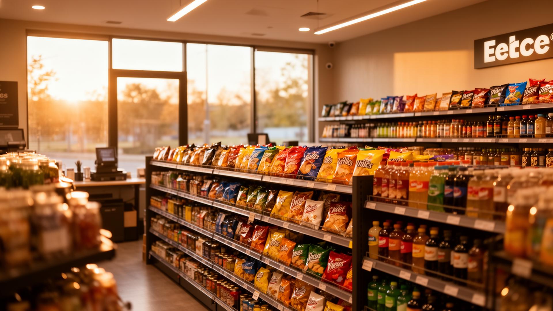 Brightly lit convenience store interior with stocked shelves of snacks and drinks